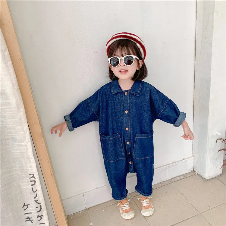 Children Clothing Jumpsuit 2026 Autumn New Boys Girls Casual Letter Tooling Denim Baby Kids Clothes Japanes & Korean Style 1-7 Y