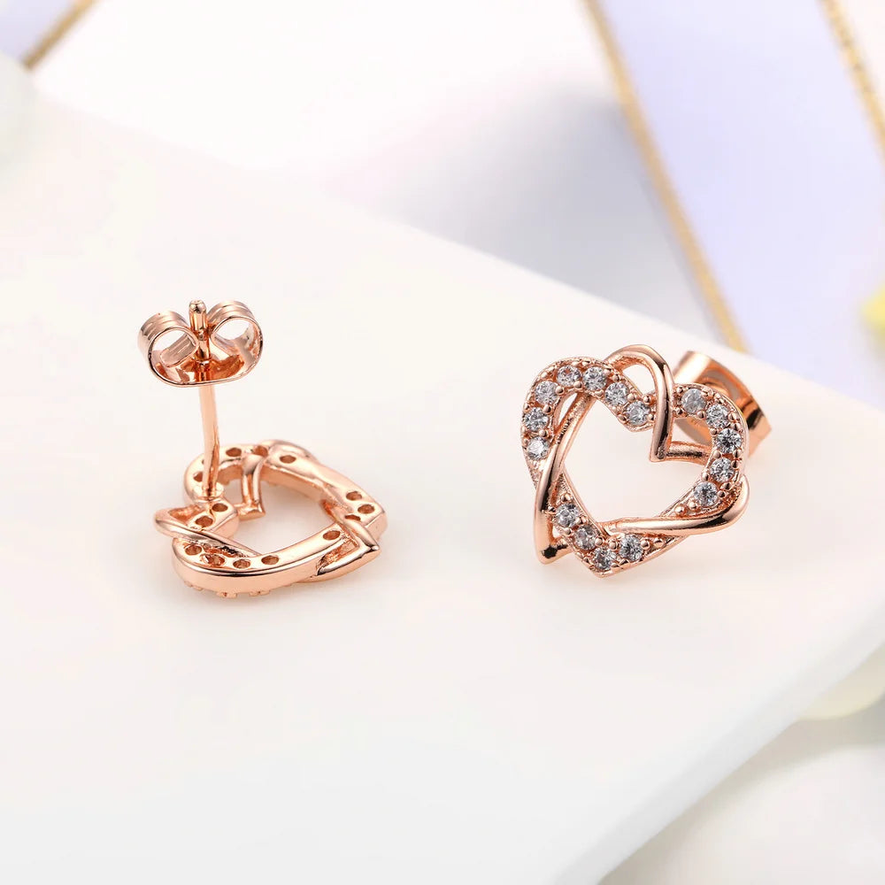 Love Heart Intertwined Stud Earrings for Women Rose Gold Color Crystal Earrings Wedding Engagement Jewelry For Bridal DFE030M