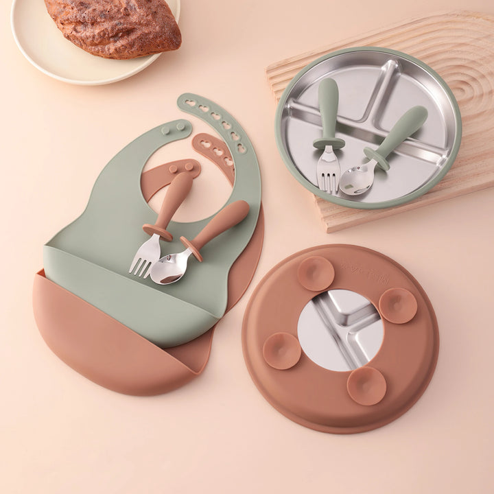 4PCS Stainless Steel Silicone Baby Feeding Set With Detachable Bowl Plate BPA Free Fork Spoon Bib Weaning Tableware Training