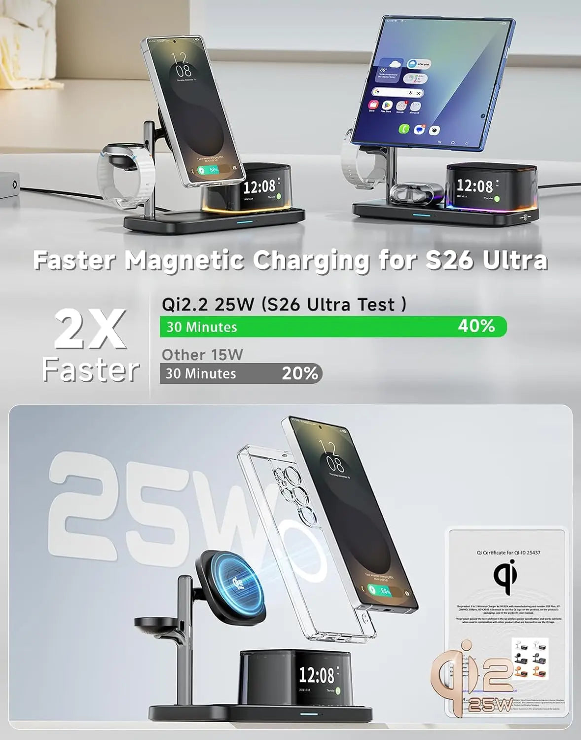 25W Magnetic Wireless Charger Stand Bluetooth Speaker Fast Charging For iPhone Samsung S26 S25/Z Fold 7 Galaxy Watch Ultra 8 7