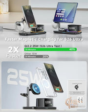 25W Magnetic Wireless Charger Stand Bluetooth Speaker Fast Charging For iPhone Samsung S26 S25/Z Fold 7 Galaxy Watch Ultra 8 7