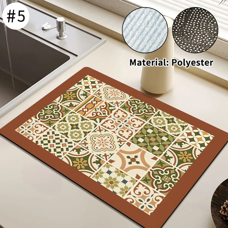 Printed Dish Drying Mat Super Absorbent Coffee Drain Pad Tableware Draining Pad Quick Dry Rug Kitchen Dinnerware Placemat