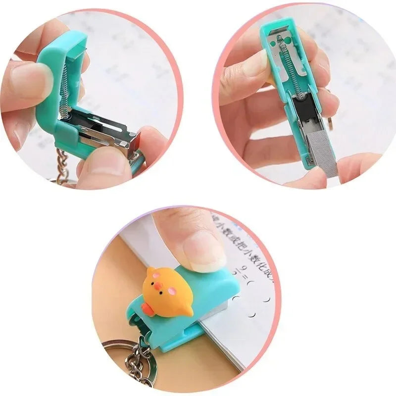 Cartoon Mini Stapler Keychain Kawaii Animal Trumpet Stapler Book Paper Binding Machines Student Stationery Cute Desk Accessories