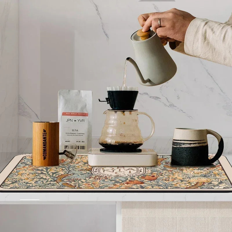 Printed Dish Drying Mat Super Absorbent Coffee Drain Pad Tableware Draining Pad Quick Dry Rug Kitchen Dinnerware Placemat