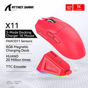 ATTACK SHARK X11 Tri-Mode Lightweight Gaming Mouse have PAW3311,22000DPI,400IPS,40G,59g,Magnetic Fast Charging,RGB backlight
