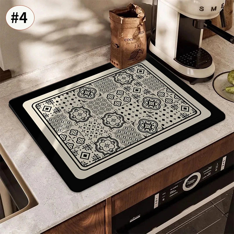 Printed Dish Drying Mat Super Absorbent Coffee Drain Pad Tableware Draining Pad Quick Dry Rug Kitchen Dinnerware Placemat