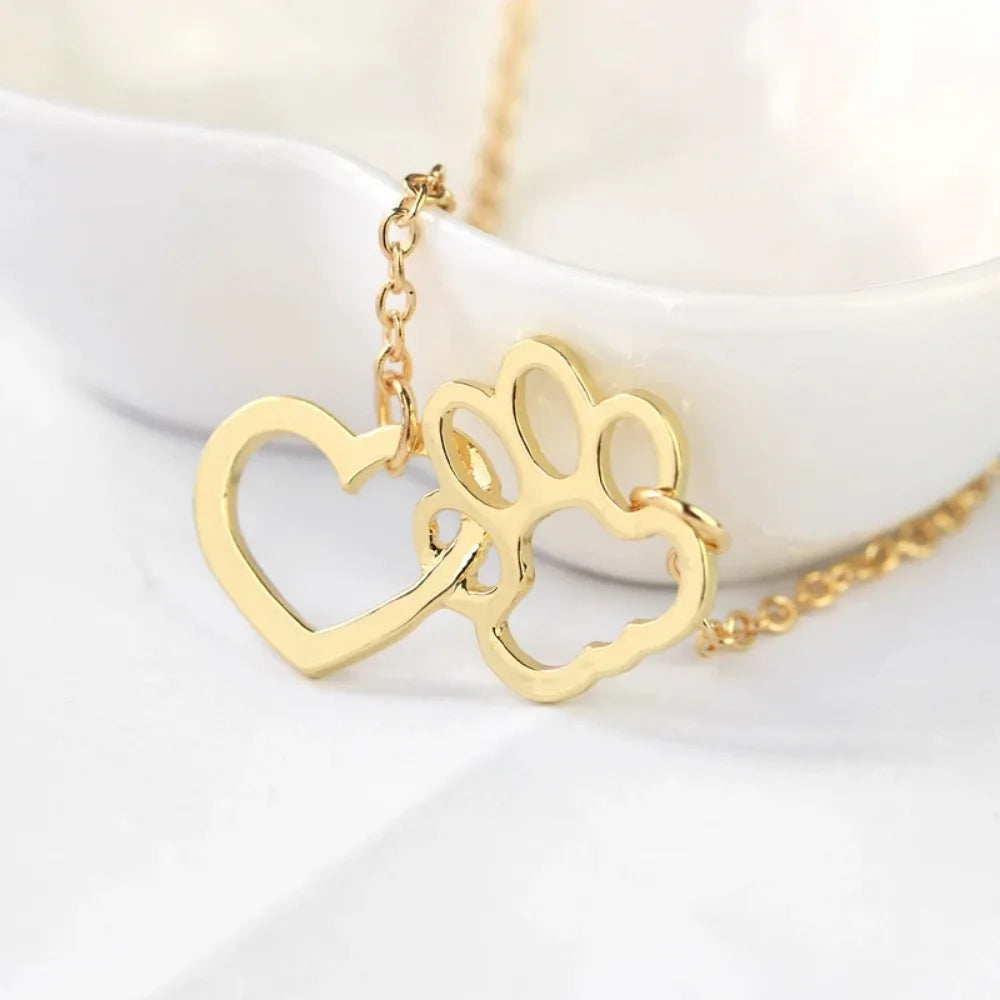 Hollow Pet Paw Footprint Necklaces Cute Animal Dog Cat Love Heart Pendant  For Women Girls Jewelry