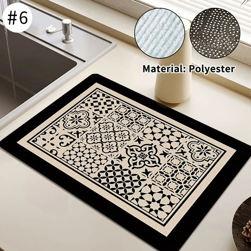 Printed Dish Drying Mat Super Absorbent Coffee Drain Pad Tableware Draining Pad Quick Dry Rug Kitchen Dinnerware Placemat