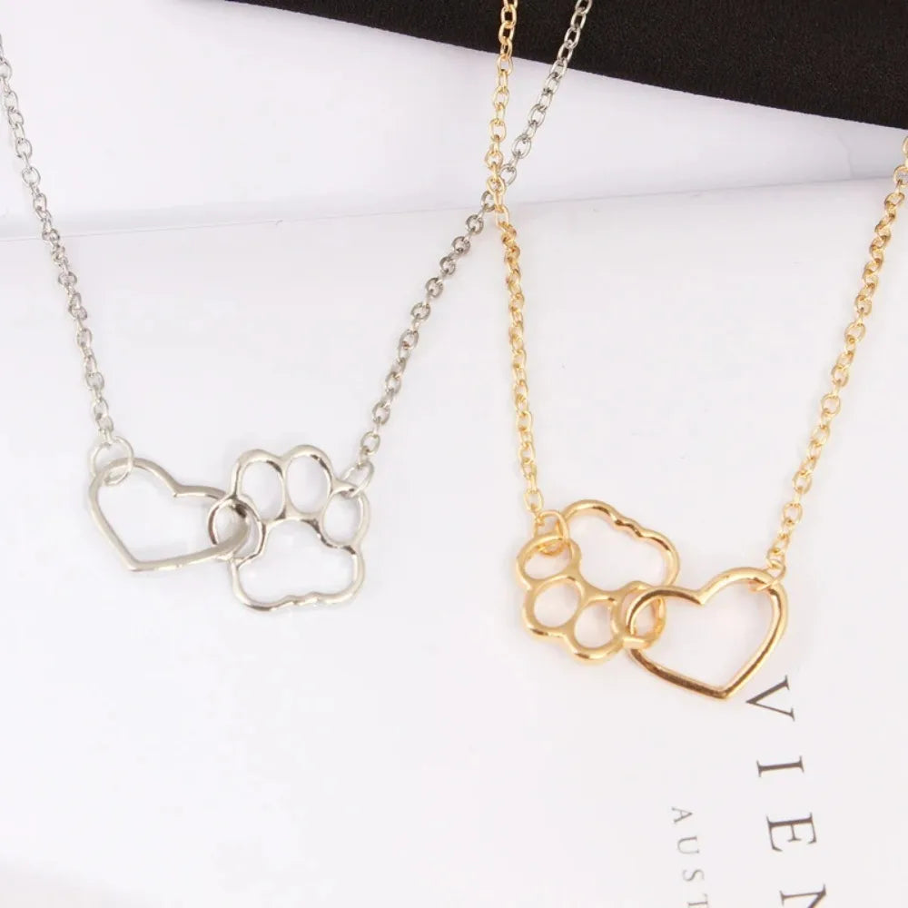 Hollow Pet Paw Footprint Necklaces Cute Animal Dog Cat Love Heart Pendant  For Women Girls Jewelry