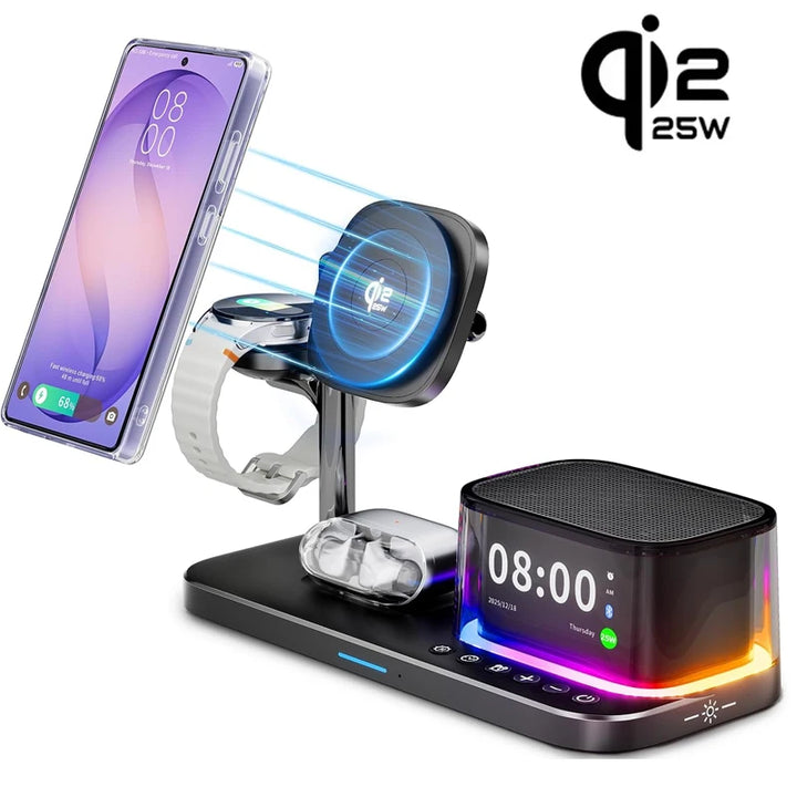 25W Magnetic Wireless Charger Stand Bluetooth Speaker Fast Charging For iPhone Samsung S26 S25/Z Fold 7 Galaxy Watch Ultra 8 7