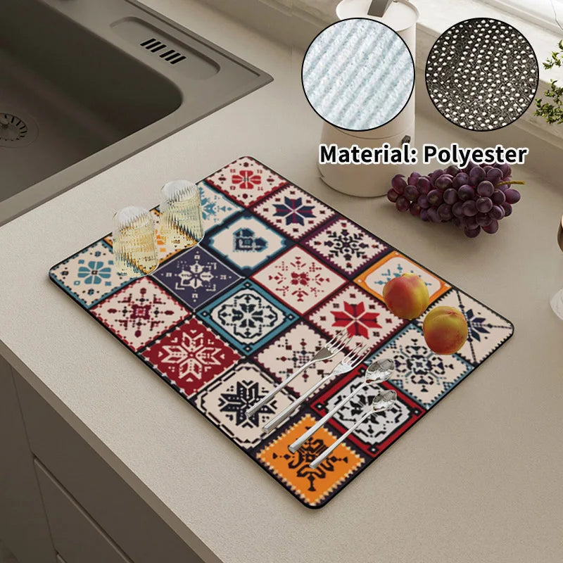 Printed Dish Drying Mat Super Absorbent Coffee Drain Pad Tableware Draining Pad Quick Dry Rug Kitchen Dinnerware Placemat