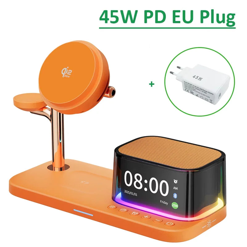 25W Magnetic Wireless Charger Stand Bluetooth Speaker Fast Charging For iPhone Samsung S26 S25/Z Fold 7 Galaxy Watch Ultra 8 7