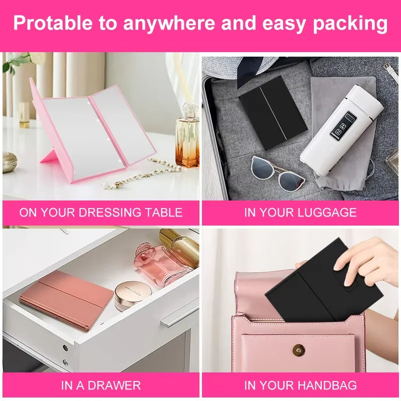 Portable Lighted Makeup Mirror 3 Way Trifold with Lights, LED Mini Travel Folding Vanity Mirror with Stand, Gifts for Woman