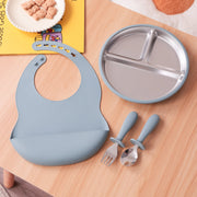 4PCS Stainless Steel Silicone Baby Feeding Set With Detachable Bowl Plate BPA Free Fork Spoon Bib Weaning Tableware Training