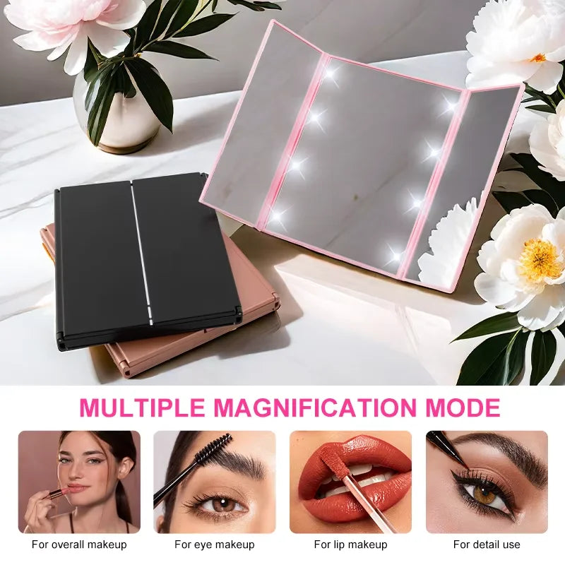 Portable Lighted Makeup Mirror 3 Way Trifold with Lights, LED Mini Travel Folding Vanity Mirror with Stand, Gifts for Woman