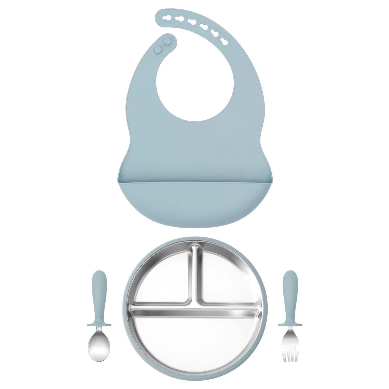 4PCS Stainless Steel Silicone Baby Feeding Set With Detachable Bowl Plate BPA Free Fork Spoon Bib Weaning Tableware Training