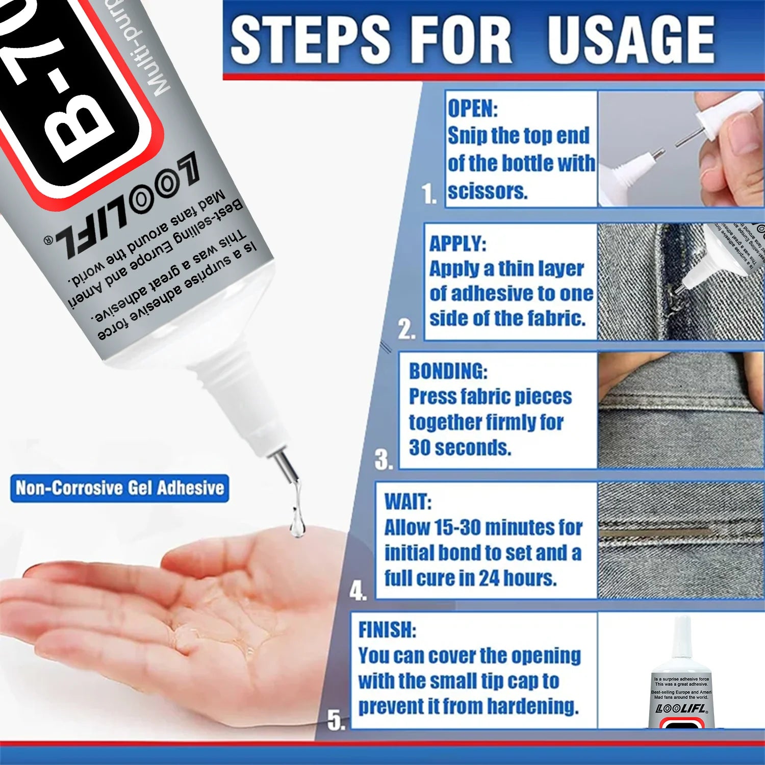 Loolifl, Quick-Drying Fabric Glue, Universal Fabric Repair Glue, Multi-Functional Clothing and Textile Sewing Adhesive, Waterproof Agent