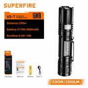 SUPERFIRE  36W High Power LED Waterproof Flashlight  With Wick 26650 Battery Powerful Indicator USB-C Tactical Hunting Lights
