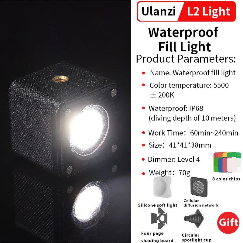Ulanzi L2 Cute Lite Waterproof Mini LED Video Light Magnetic With Diffuser For 10m Underwater Shoot for Gopro Hero 12 11 10 9 8