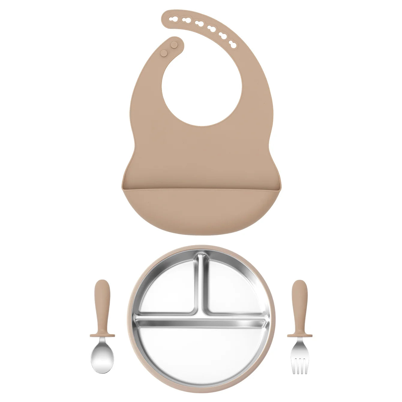 4PCS Stainless Steel Silicone Baby Feeding Set With Detachable Bowl Plate BPA Free Fork Spoon Bib Weaning Tableware Training