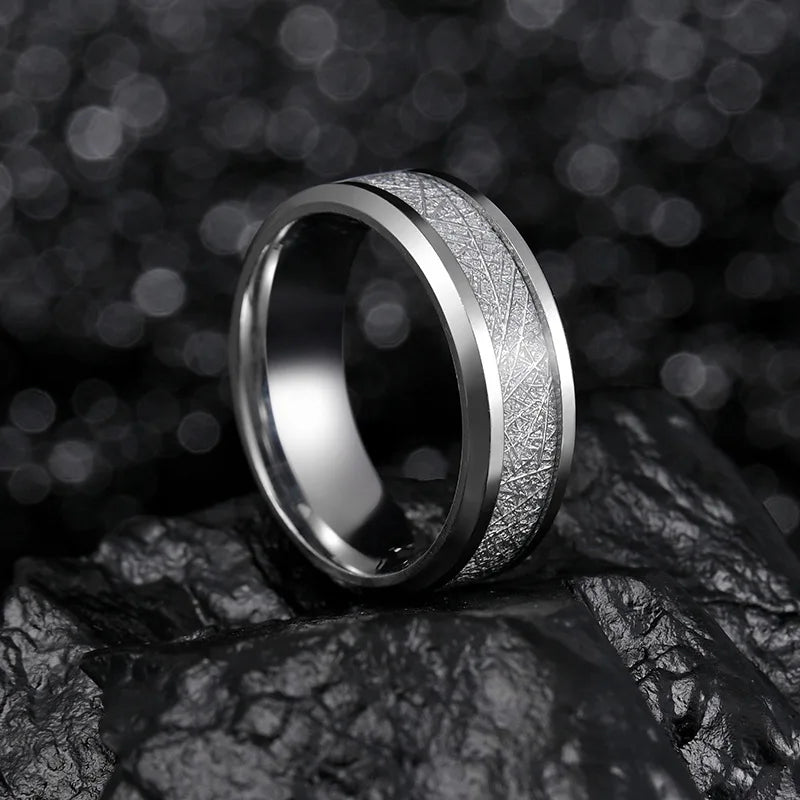 8mm Fashion Stainless Steel Men Jewelry Tungsten Carbide Ring Inlay Meteorite Wedding Bands for Women Jewelry Gifts