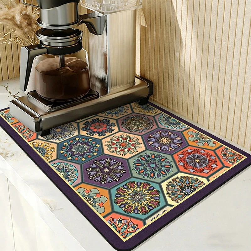 Printed Dish Drying Mat Super Absorbent Coffee Drain Pad Tableware Draining Pad Quick Dry Rug Kitchen Dinnerware Placemat