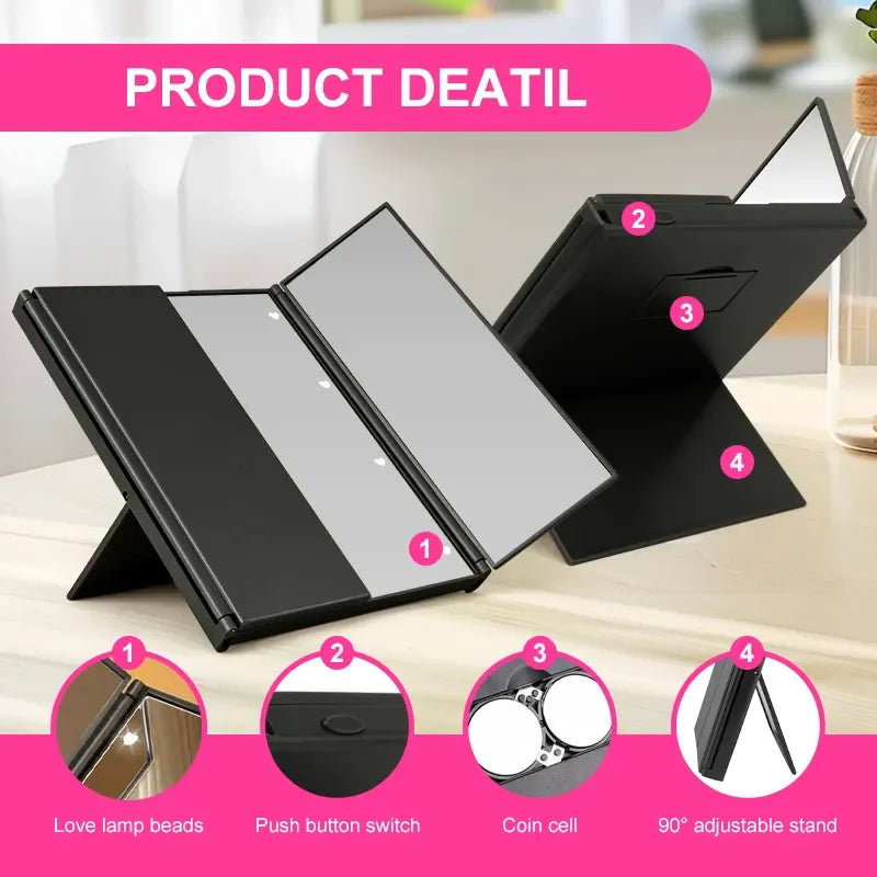Portable Lighted Makeup Mirror 3 Way Trifold with Lights, LED Mini Travel Folding Vanity Mirror with Stand, Gifts for Woman
