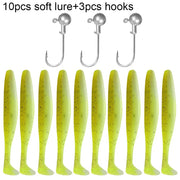 10PCS Soft Lure 5.5cm 7cm 10cm T Tail Worm 3PCS Jigging Head Hook 3g 5g 10g Metal Jig Carp Fishing Pesca Swimbait Gear Kit Bait
