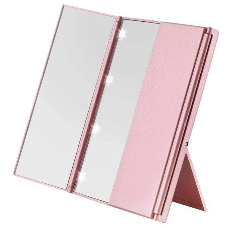 Portable Lighted Makeup Mirror 3 Way Trifold with Lights, LED Mini Travel Folding Vanity Mirror with Stand, Gifts for Woman