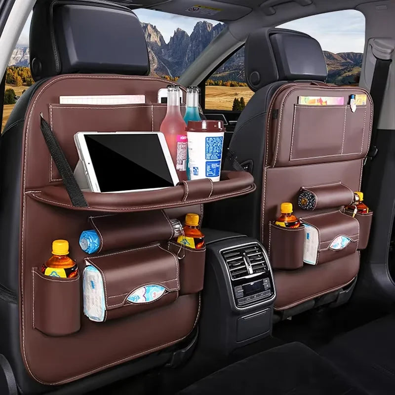 Car Seat Back Organizer with Foldable Table Tray PU Leather Storage Organizer with Pockets Kick Mats Seat Interior Accessories