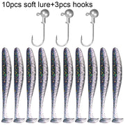 10PCS Soft Lure 5.5cm 7cm 10cm T Tail Worm 3PCS Jigging Head Hook 3g 5g 10g Metal Jig Carp Fishing Pesca Swimbait Gear Kit Bait