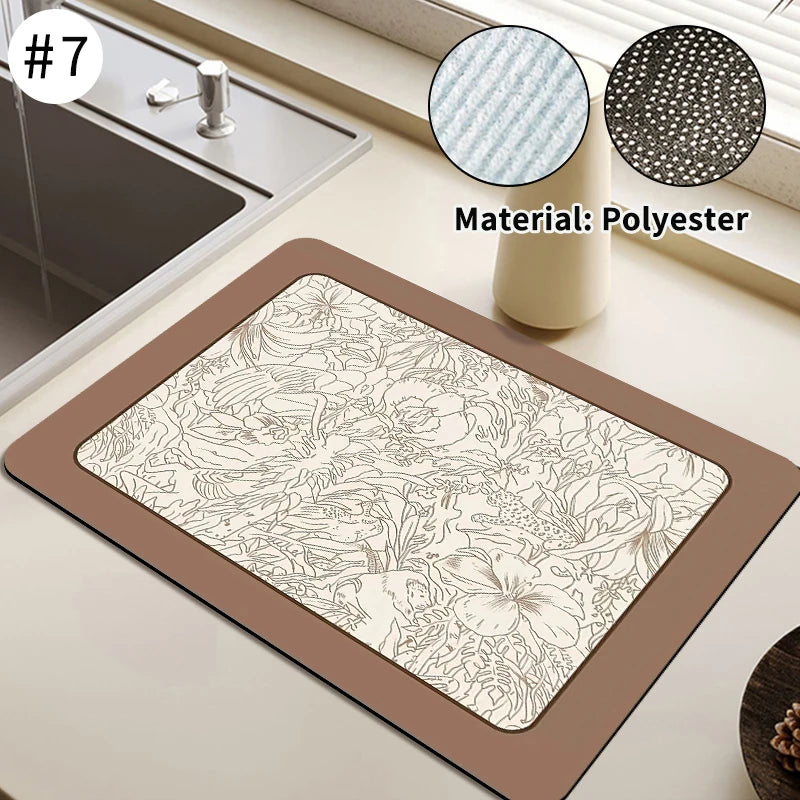 Printed Dish Drying Mat Super Absorbent Coffee Drain Pad Tableware Draining Pad Quick Dry Rug Kitchen Dinnerware Placemat