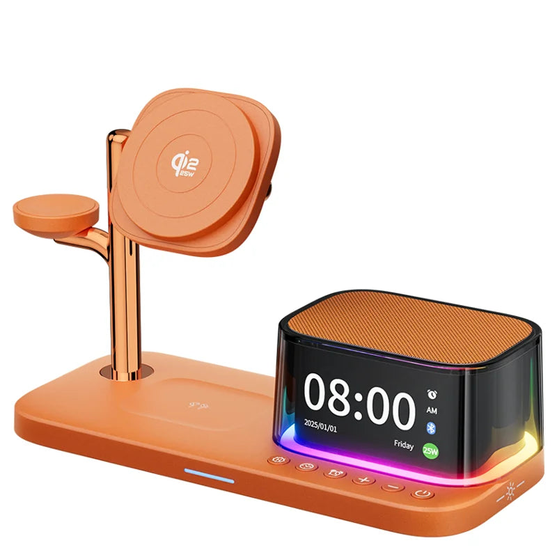 25W Magnetic Wireless Charger Stand Bluetooth Speaker Fast Charging For iPhone Samsung S26 S25/Z Fold 7 Galaxy Watch Ultra 8 7