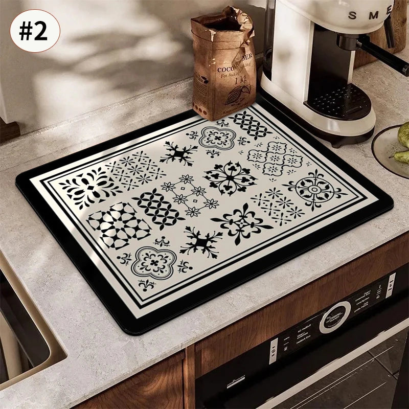 Printed Dish Drying Mat Super Absorbent Coffee Drain Pad Tableware Draining Pad Quick Dry Rug Kitchen Dinnerware Placemat