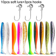 10PCS Soft Lure 5.5cm 7cm 10cm T Tail Worm 3PCS Jigging Head Hook 3g 5g 10g Metal Jig Carp Fishing Pesca Swimbait Gear Kit Bait