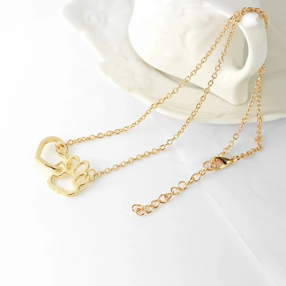Hollow Pet Paw Footprint Necklaces Cute Animal Dog Cat Love Heart Pendant  For Women Girls Jewelry