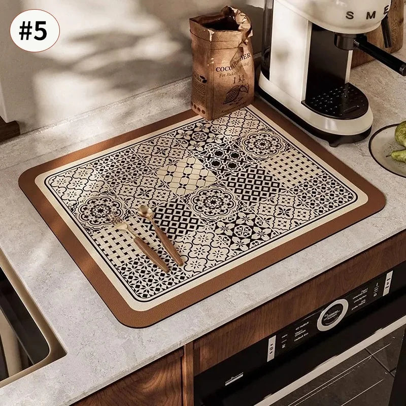 Printed Dish Drying Mat Super Absorbent Coffee Drain Pad Tableware Draining Pad Quick Dry Rug Kitchen Dinnerware Placemat