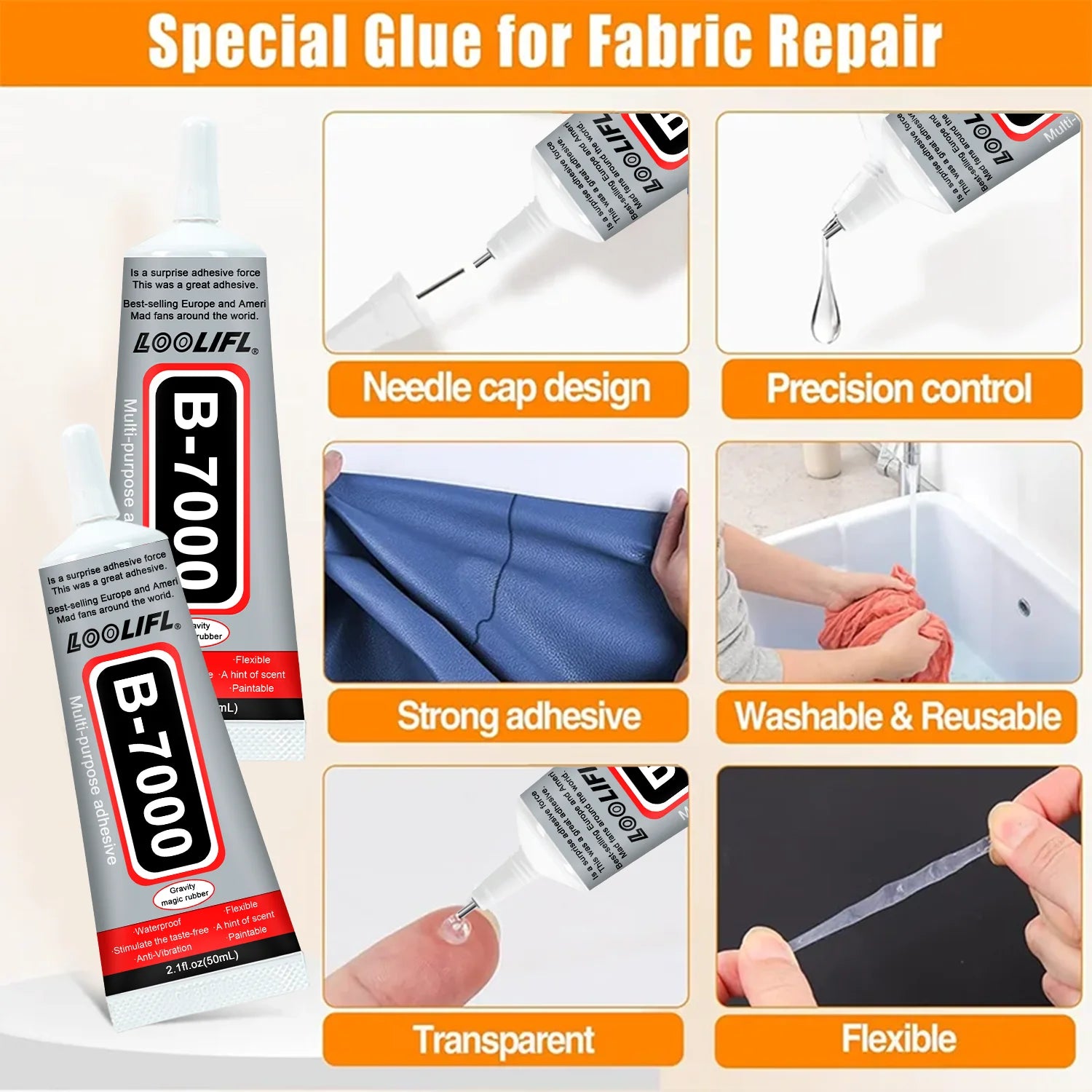 Loolifl, Quick-Drying Fabric Glue, Universal Fabric Repair Glue, Multi-Functional Clothing and Textile Sewing Adhesive, Waterproof Agent