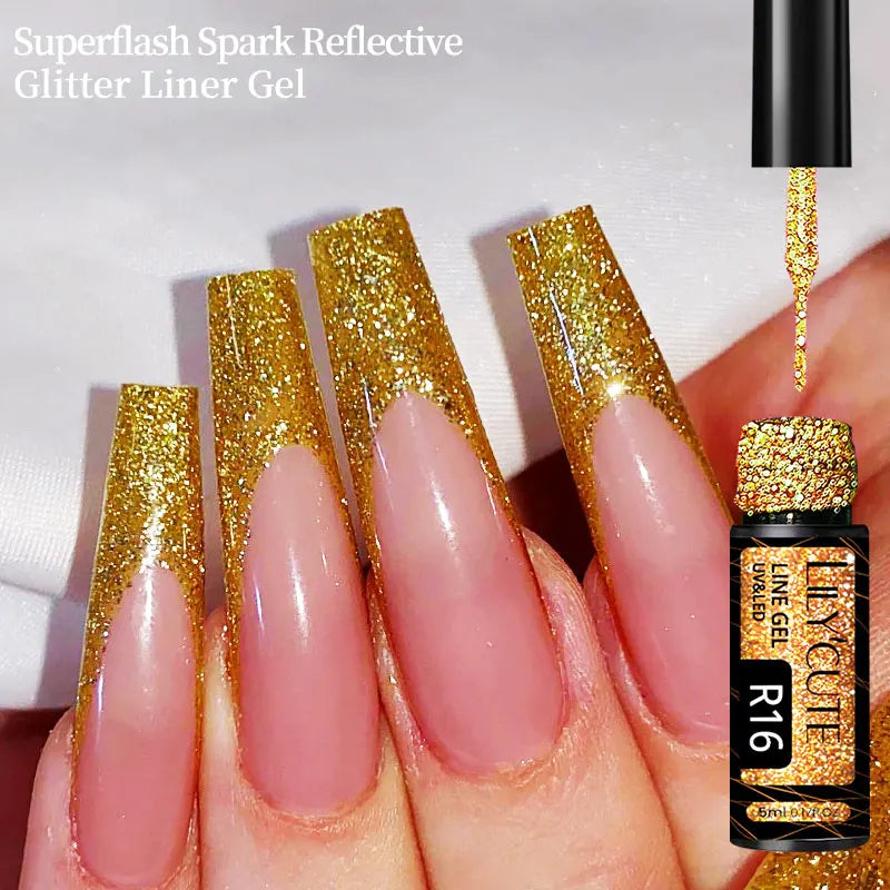 LILYCUTE 5ml Reflective Glitter Liner Gel Nail Polish Superflash Colorful Sparkling Graffiti Painting Stripe Pull Line Nail Gel