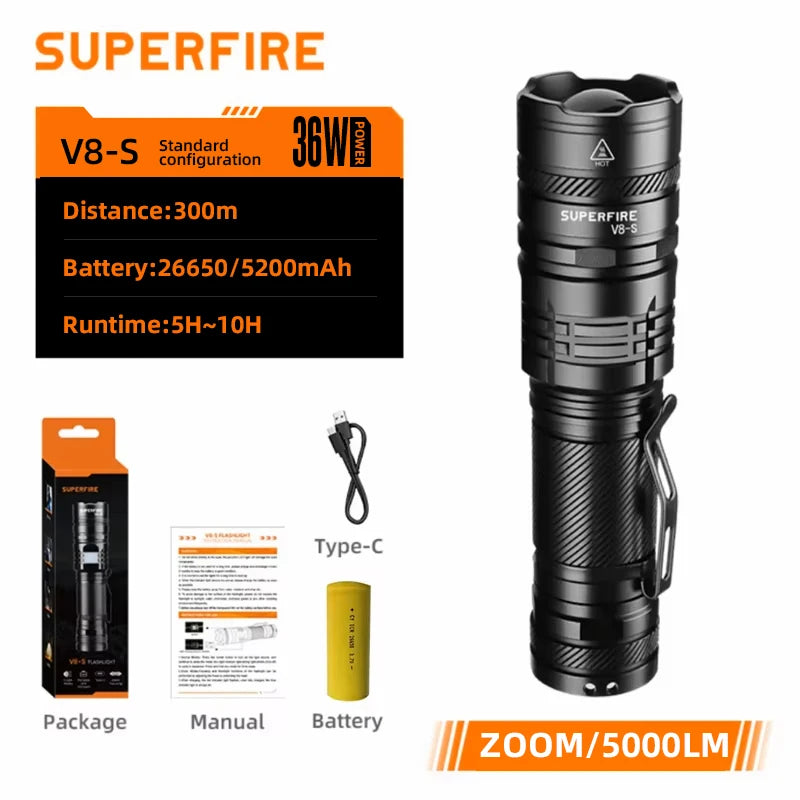SUPERFIRE  36W High Power LED Waterproof Flashlight  With Wick 26650 Battery Powerful Indicator USB-C Tactical Hunting Lights