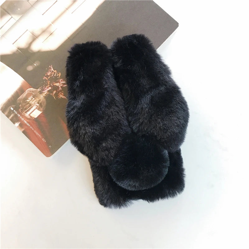 Soft Plush Case For iPhone 13 14 15 11 12 Pro XR X Xs Max 7 8 6 6s Plus 5 5S SE mini 3D Furry Rabbit Bunny Warm Fur Hair Cover