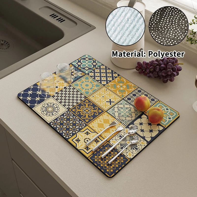 Printed Dish Drying Mat Super Absorbent Coffee Drain Pad Tableware Draining Pad Quick Dry Rug Kitchen Dinnerware Placemat
