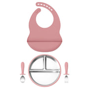 4PCS Stainless Steel Silicone Baby Feeding Set With Detachable Bowl Plate BPA Free Fork Spoon Bib Weaning Tableware Training