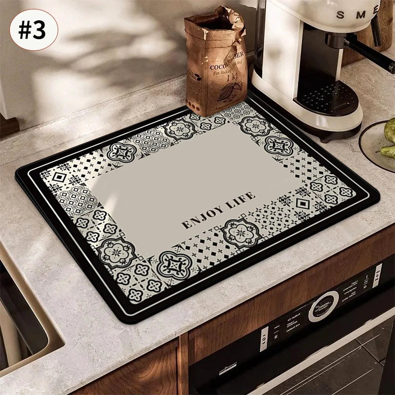 Printed Dish Drying Mat Super Absorbent Coffee Drain Pad Tableware Draining Pad Quick Dry Rug Kitchen Dinnerware Placemat