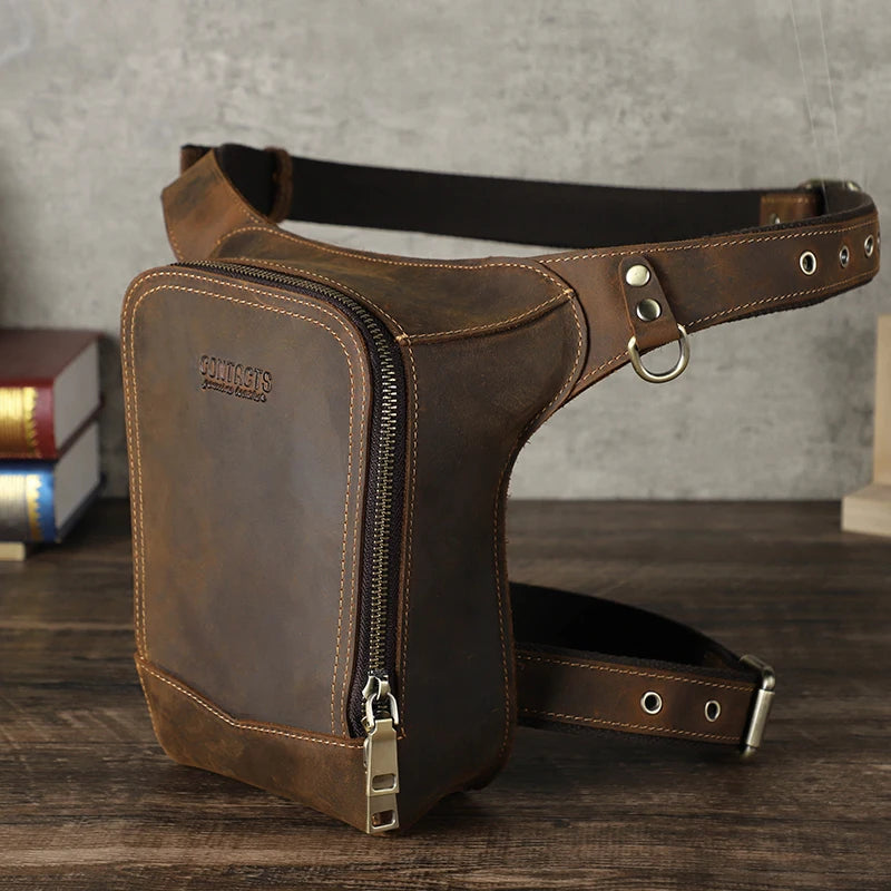 CONTACT'S Genuine Leather Motorcycle Waist Leg Bag Men Hip Bum Pack Leg Side Bag Vintage Outdoor Rider Bag Tactical Travel Bags
