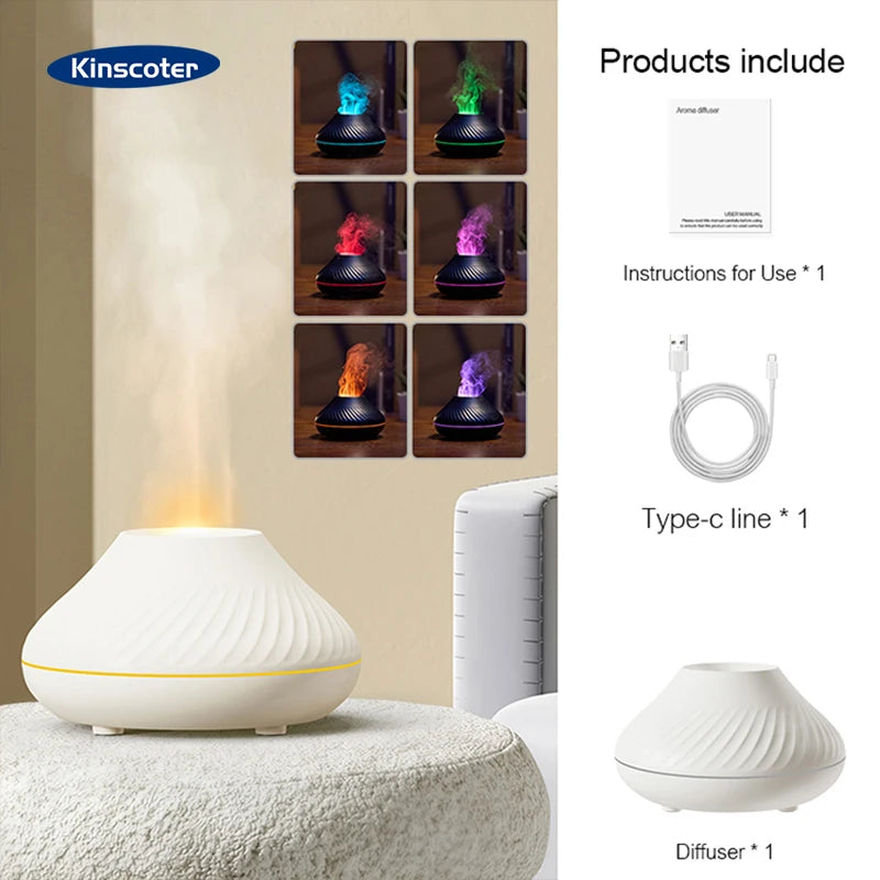 KINSCOTER Volcanic Aroma Diffuser Essential Oil Lamp 130ml USB Portable Air Humidifier with Color Flame Night Light