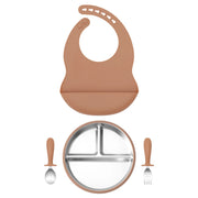 4PCS Stainless Steel Silicone Baby Feeding Set With Detachable Bowl Plate BPA Free Fork Spoon Bib Weaning Tableware Training
