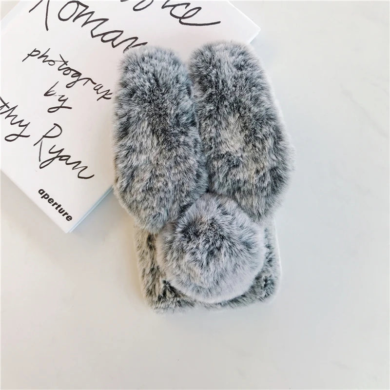 Soft Plush Case For iPhone 13 14 15 11 12 Pro XR X Xs Max 7 8 6 6s Plus 5 5S SE mini 3D Furry Rabbit Bunny Warm Fur Hair Cover