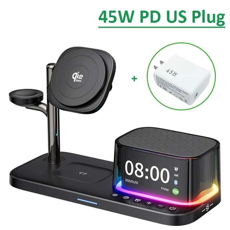 25W Magnetic Wireless Charger Stand Bluetooth Speaker Fast Charging For iPhone Samsung S26 S25/Z Fold 7 Galaxy Watch Ultra 8 7