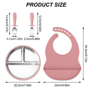 4PCS Stainless Steel Silicone Baby Feeding Set With Detachable Bowl Plate BPA Free Fork Spoon Bib Weaning Tableware Training